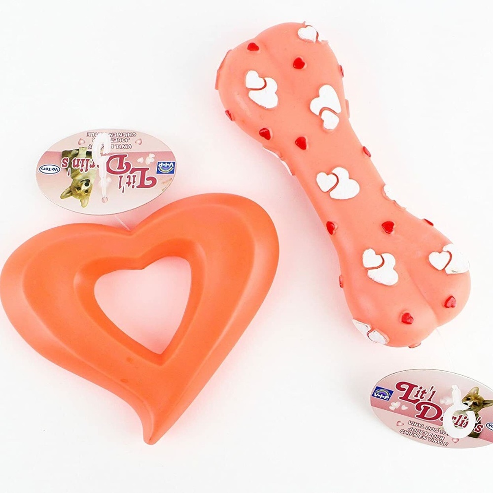 Vo-Toys Happy Valentine's Lil darlins Vinyl Bone & Heart Shape Pink Dog Toy lot
